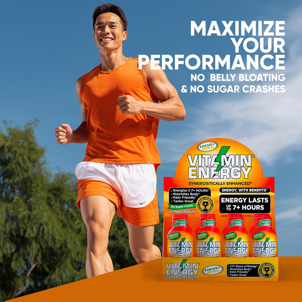 Vitamin Energy Focus+ Mango shot zero sugar label emphasizes keto-friendly option