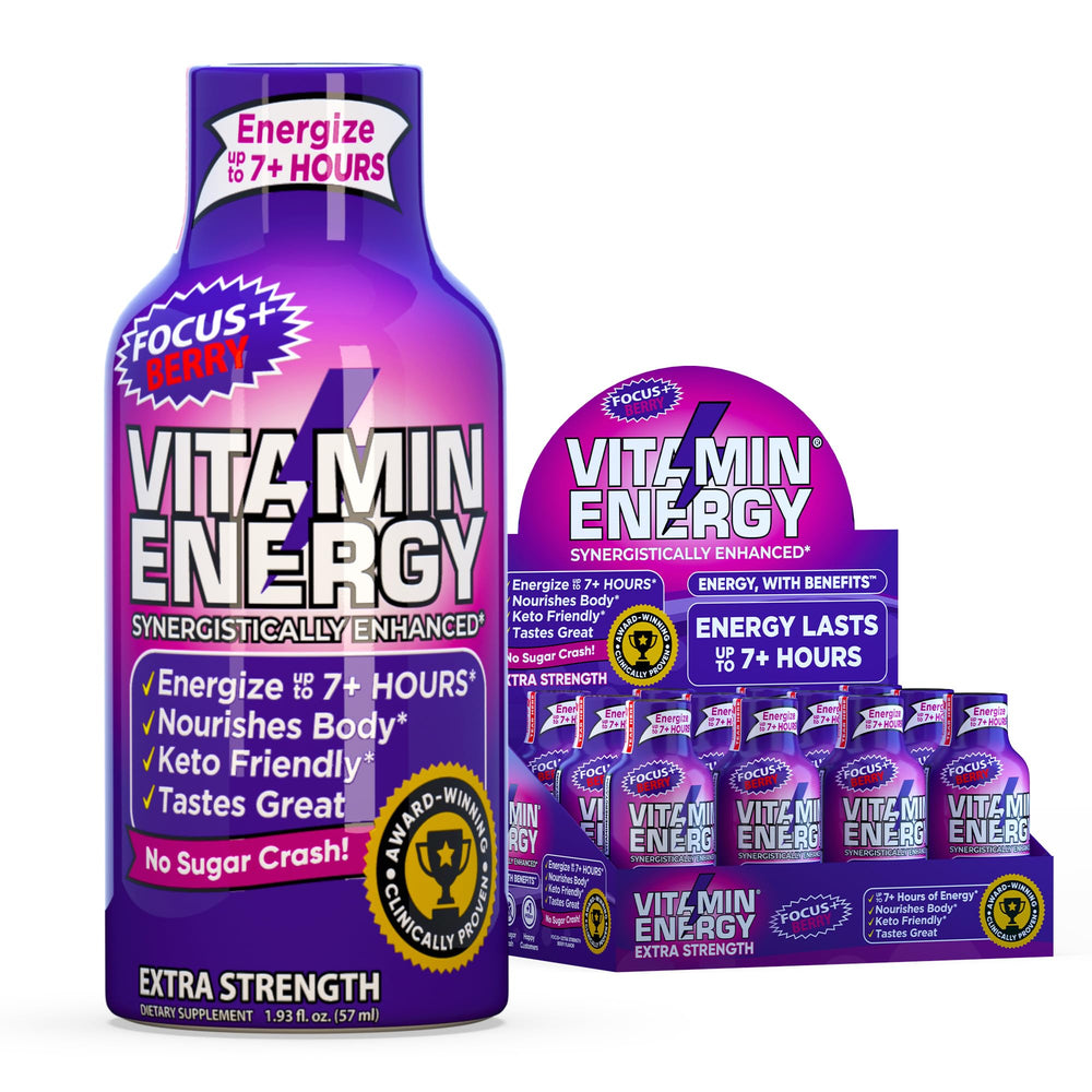 Vitamin Energy Focus Shot berry pack promotes sustained alertness.