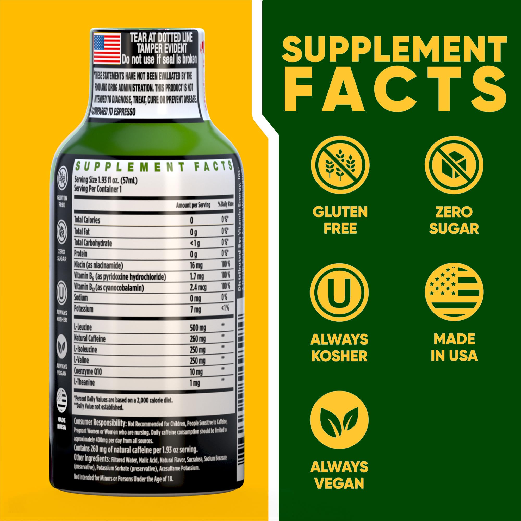 Close up of Vitamin Energy Focus+ Blue Raspberry label highlighting caffeine and vitamins