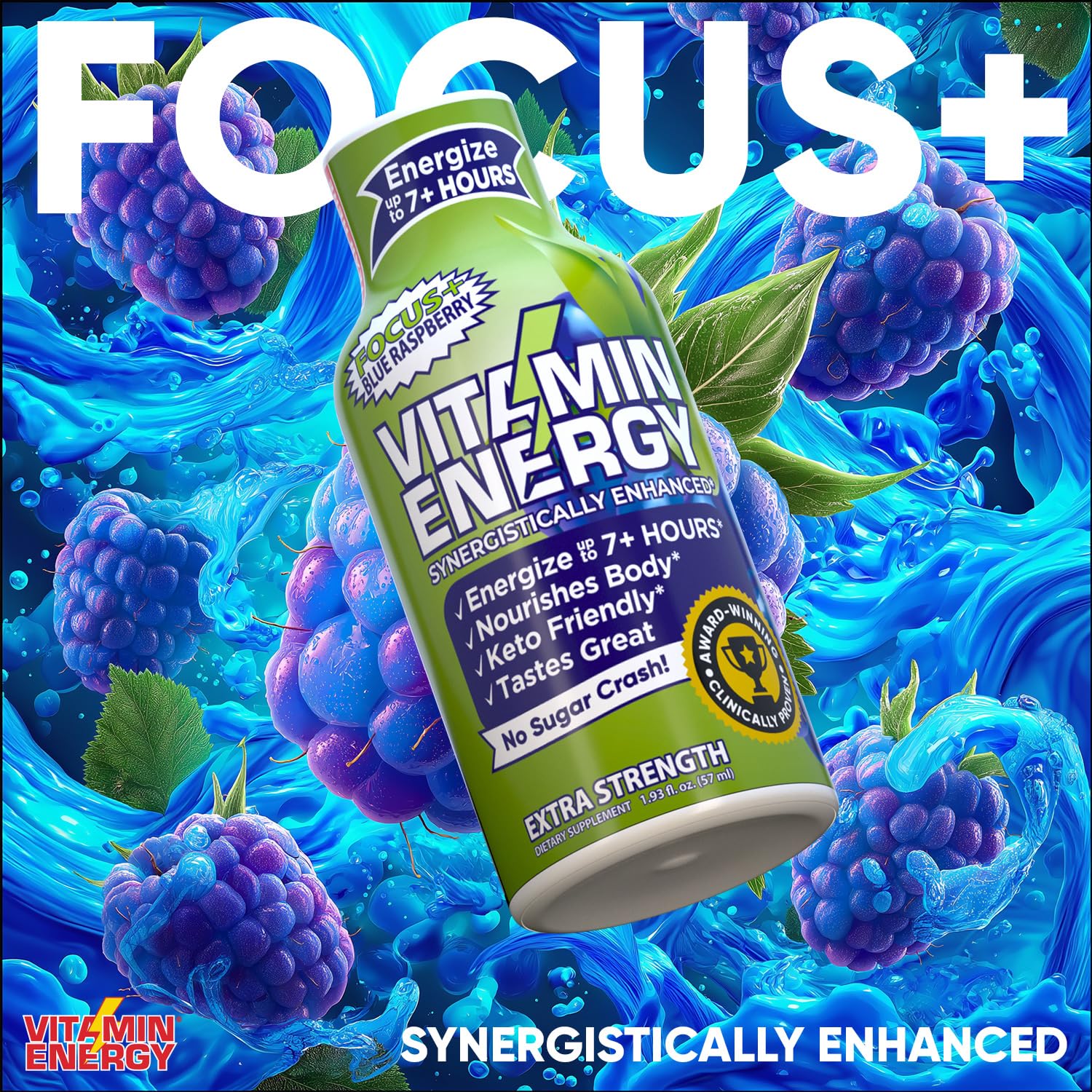 Vitamin Energy Focus+ bottle emphasizing 260 mg caffeine for sustained alertness