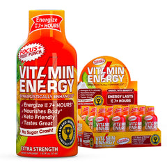 Vitamin Energy Focus+ fruit punch shot bottle for on-the-go focus and zero sugar