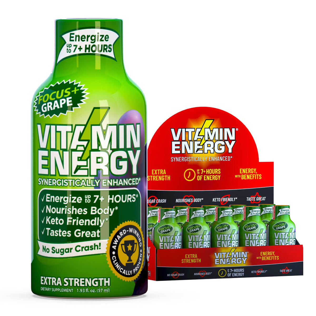 Vitamin Energy Focus+ grape bottle boosts alertness for on-the-go tasks.