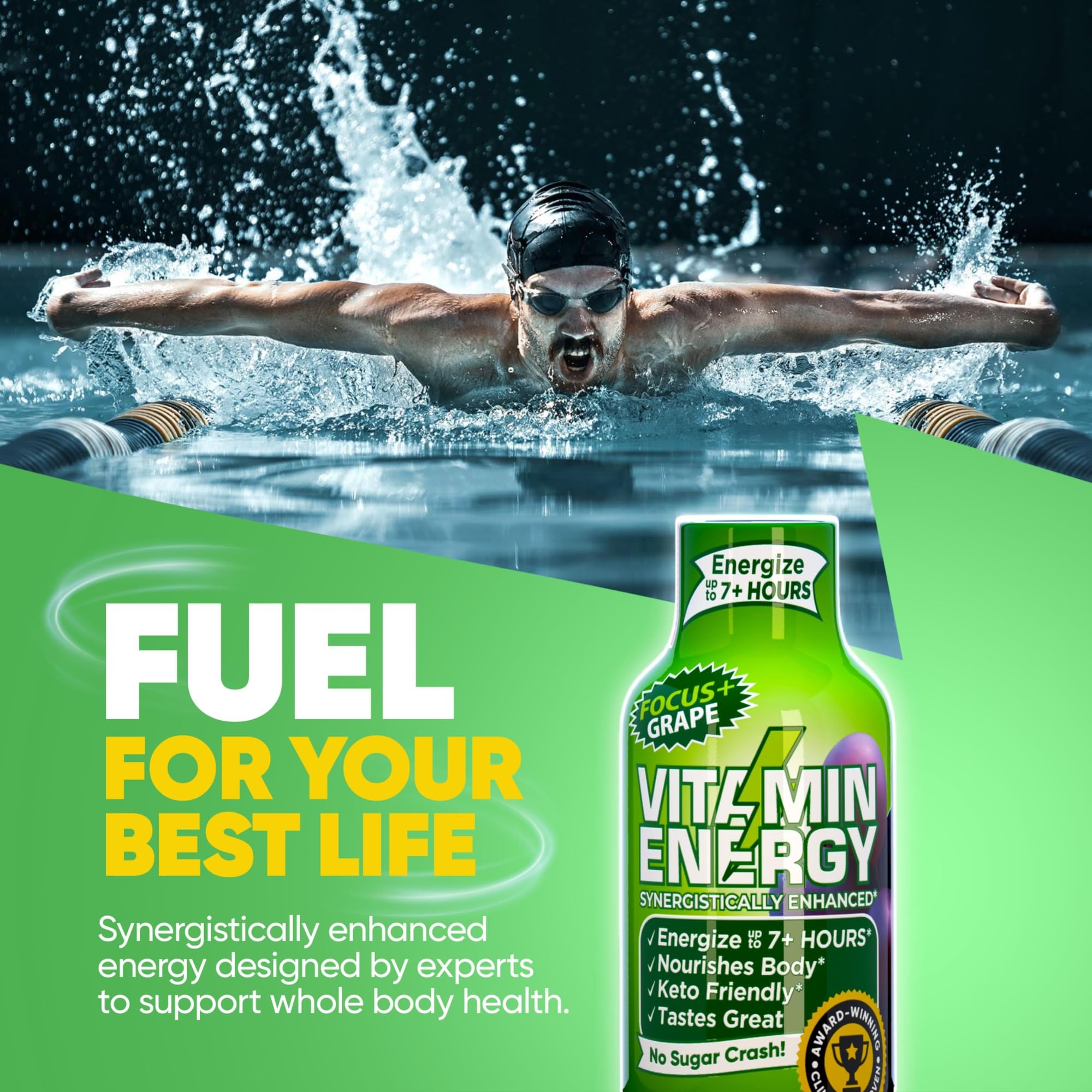 Vitamin Energy Focus+ grape bottle graphic highlighting caffeine strength.