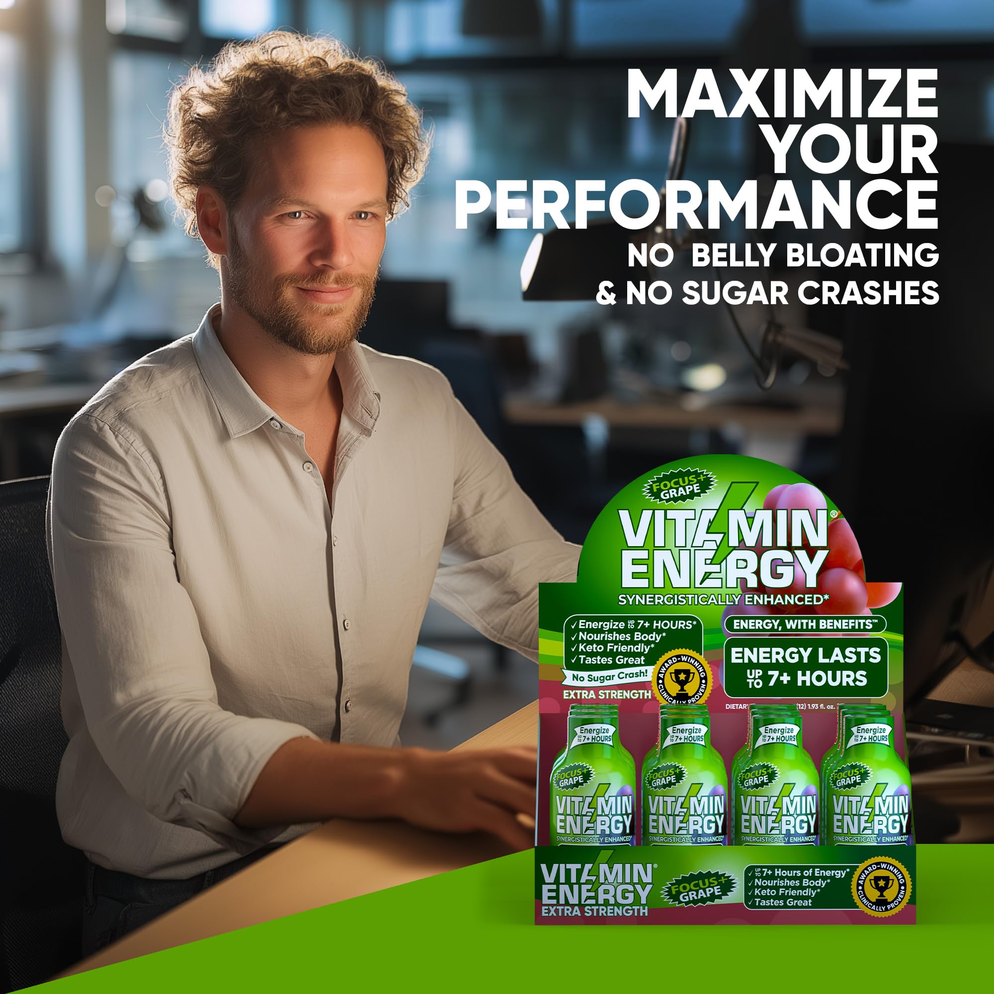 Vitamin Energy Focus+ grape container sits on desk during study sessions.