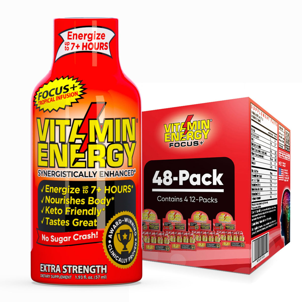 Vitamin Energy Focus Shot tropical bottle closeup for quick on-the-go energy.