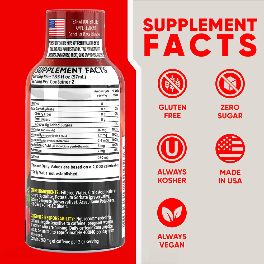 Vitamin Energy Fruit Punch Shot bottle closeup highlights zero-calorie energy