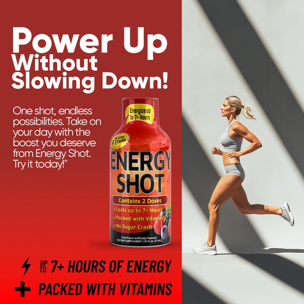 Vitamin Energy Fruit Punch Shot in a workspace scene suggests focus and productivity