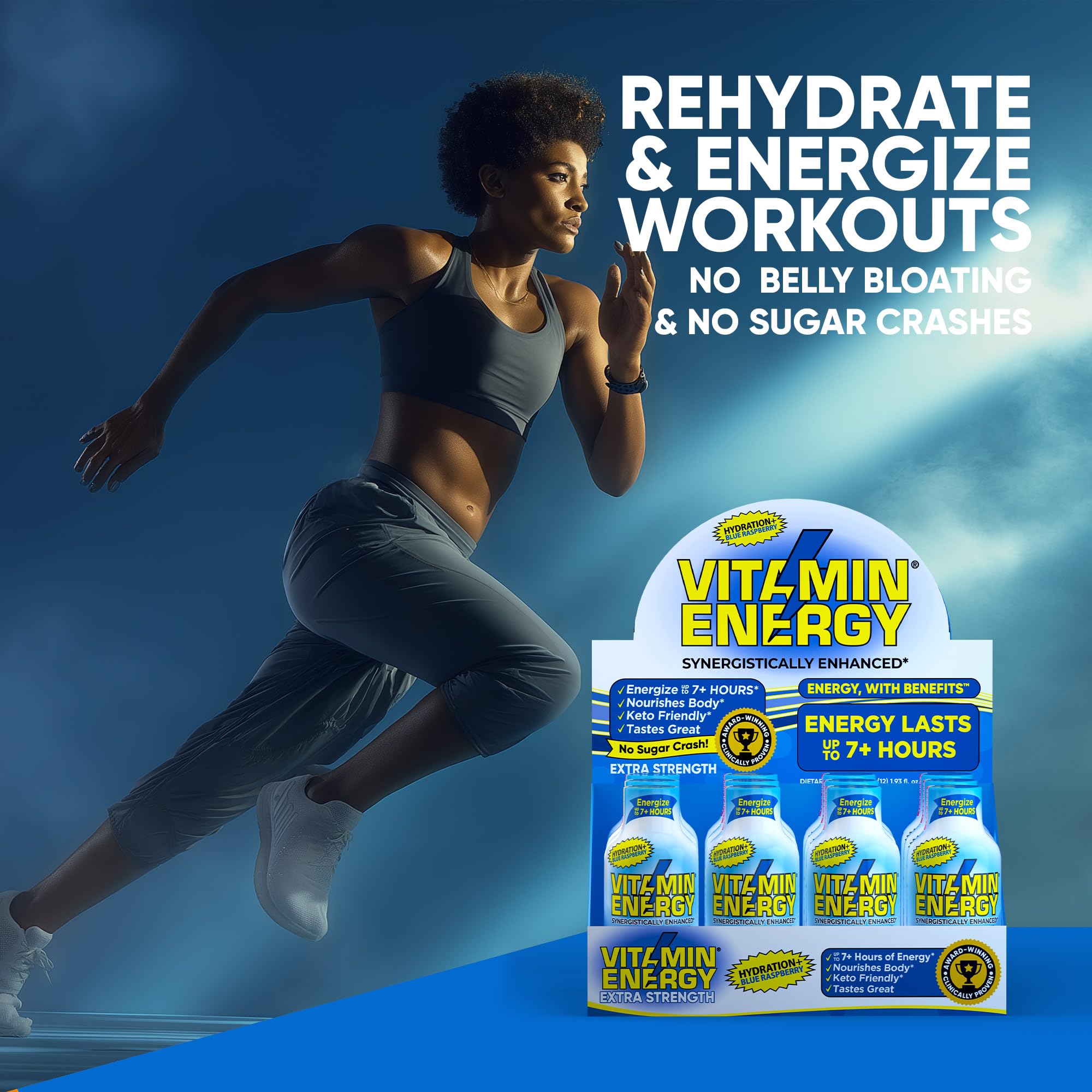 Vitamin Energy Hydration+ blue raspberry flavor on gym bag for portability