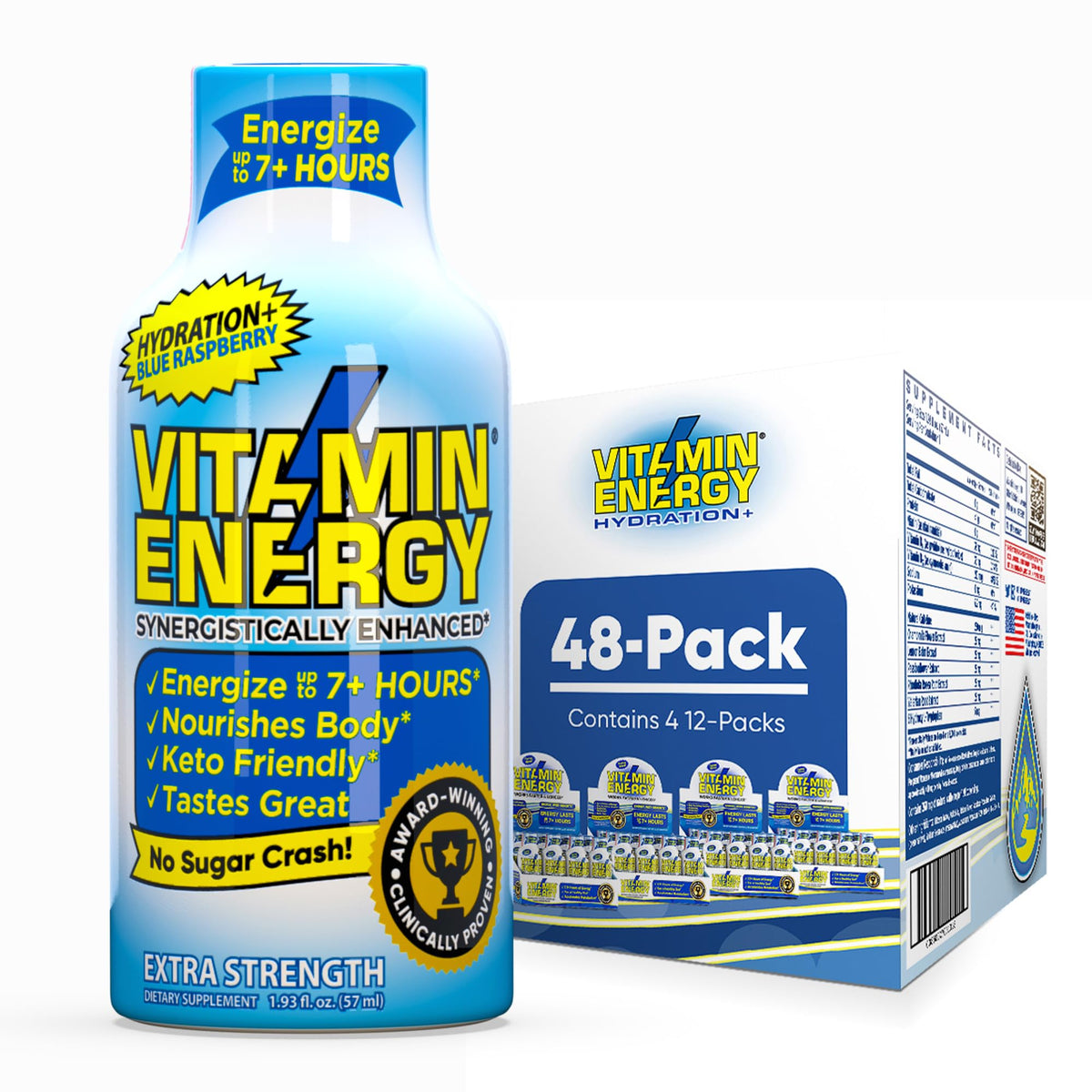 Vitamin Energy Hydration Shot Blue Raspberry Pack shows a 48-pack for on-the-go energy.
