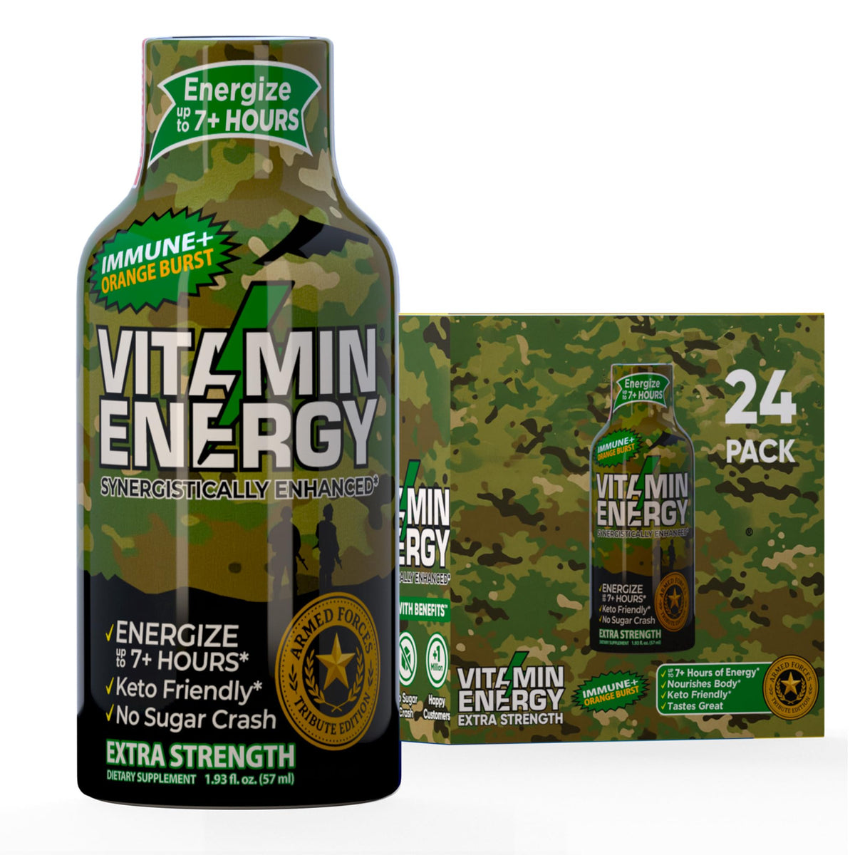 Vitamin Energy Immune+ army-orange shot bottle showing portable energy and zero sugar