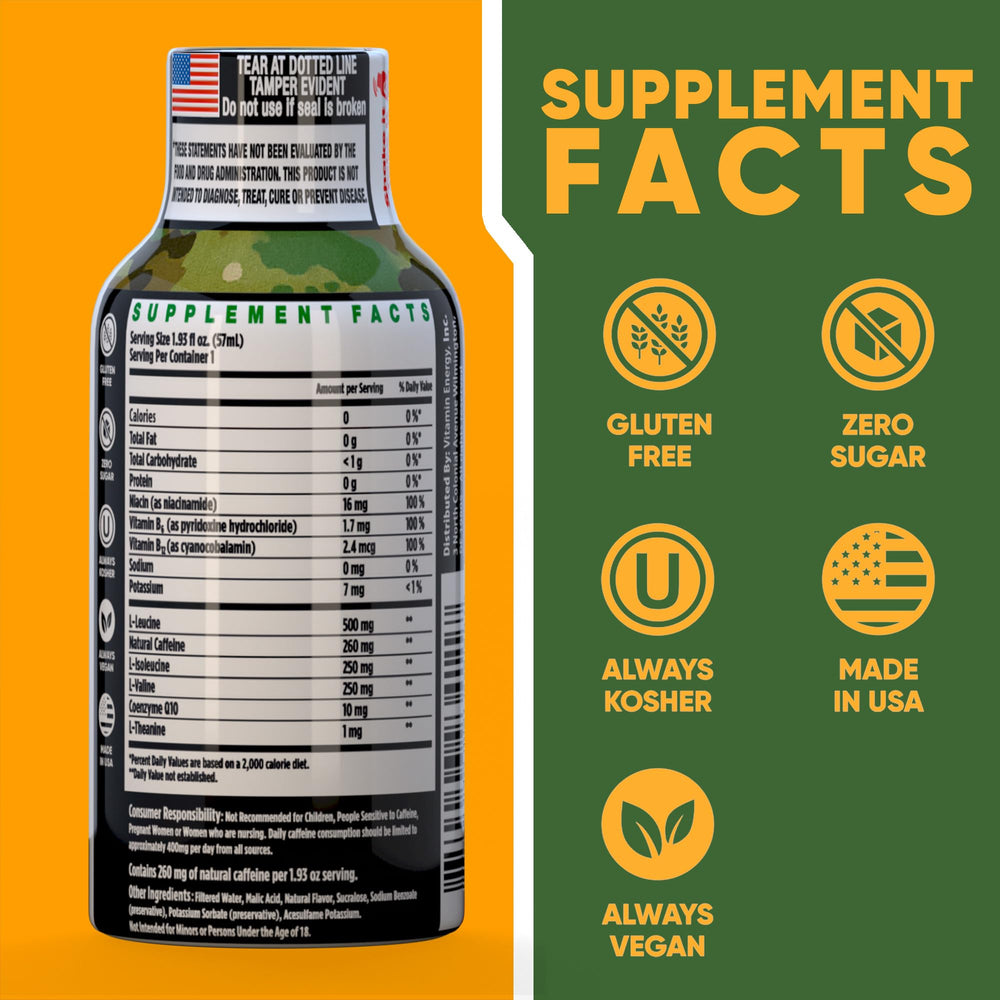 Vitamin Energy Immune+ Army Orange shot side view with multi-pack convenient focus