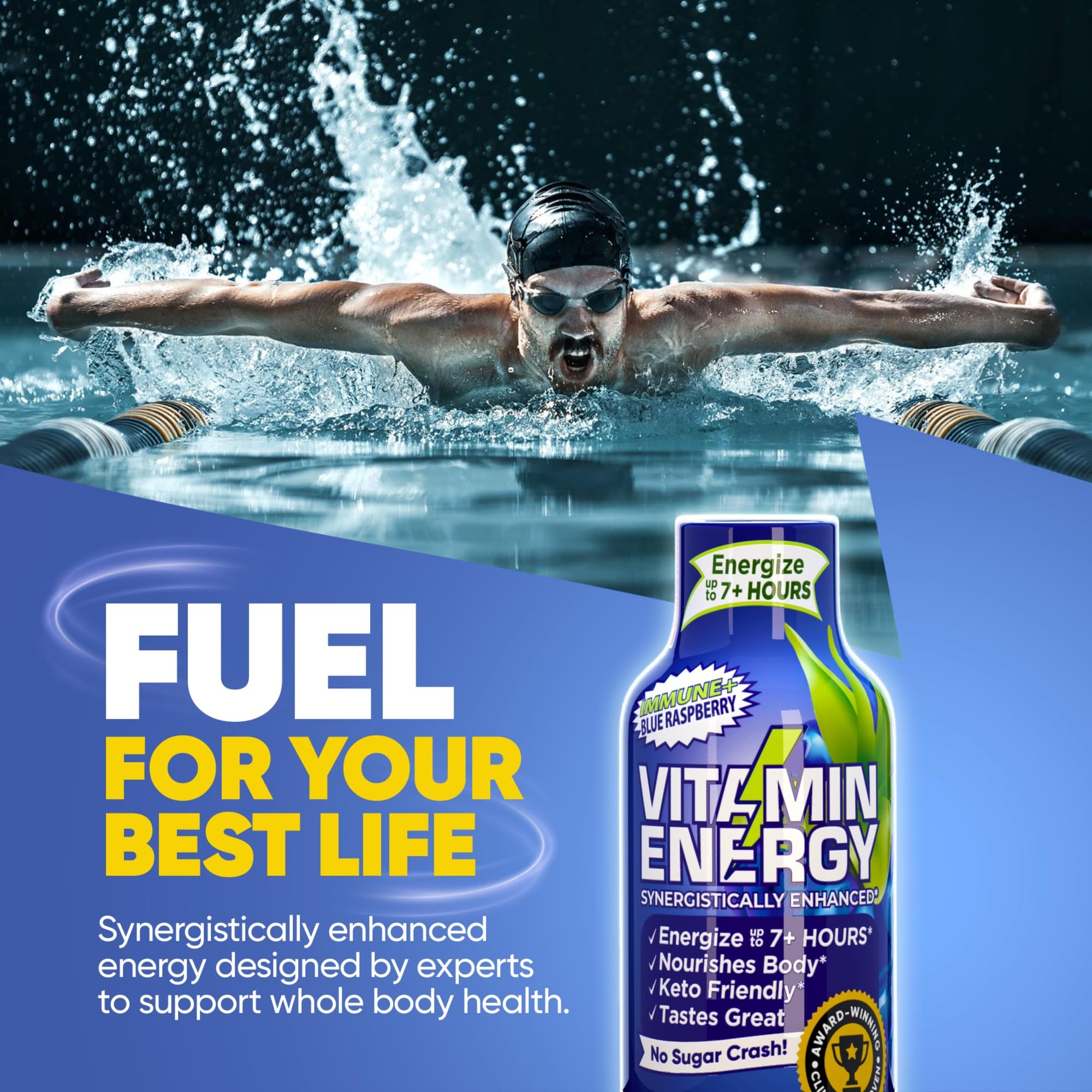 Vitamin Energy Immune+ blue raspberry packaging shows gluten-free badge on front.