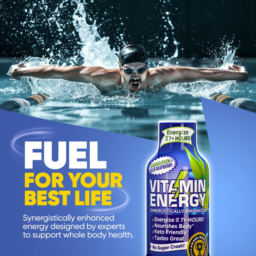 Vitamin Energy Immune+ blue raspberry packaging shows gluten-free badge on front.