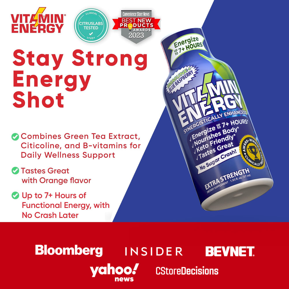 Vitamin Energy Immune+ blue raspberry shot label close-up emphasizes zero sugar claim.