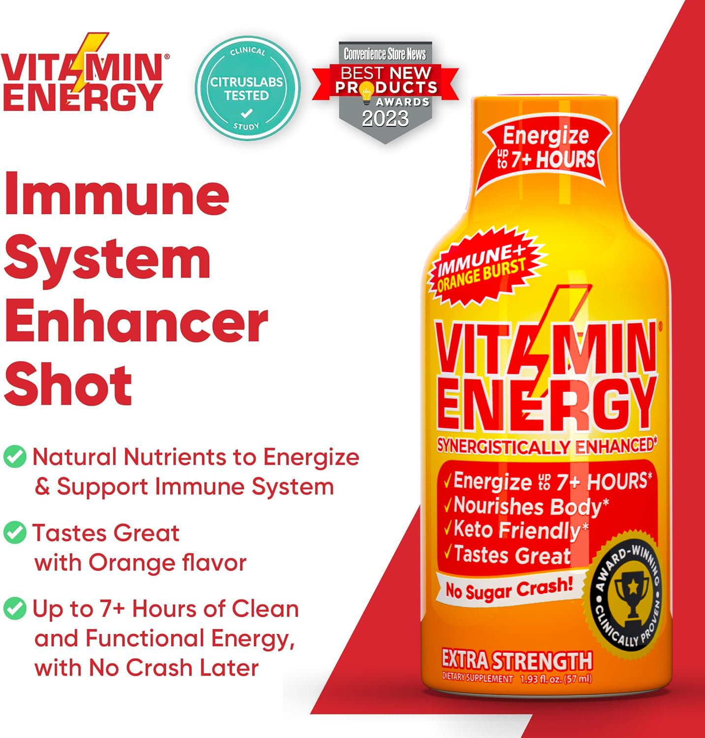 Vitamin Energy Immune+ citrus graphic, bright branding and energy vibe.