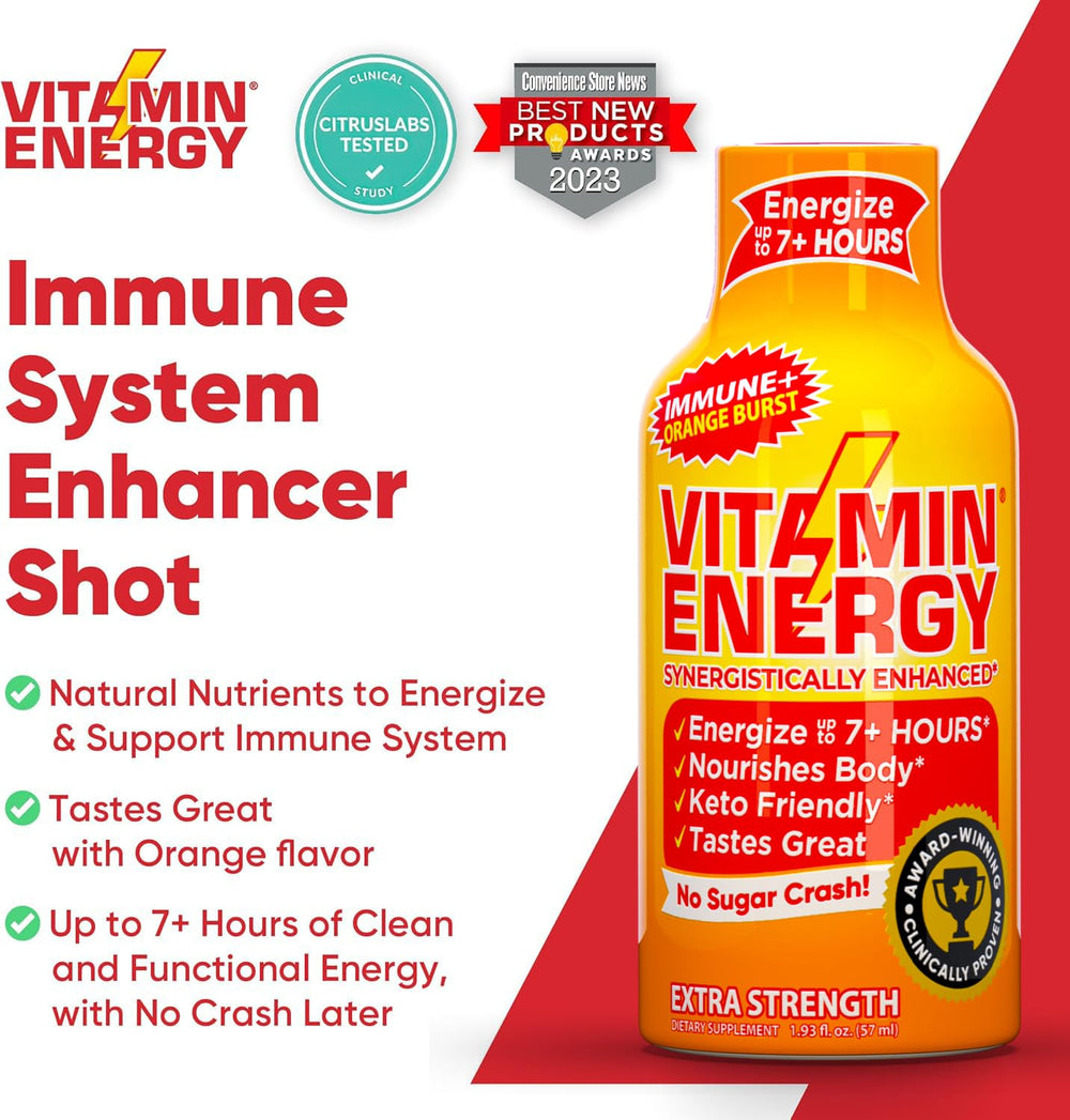 Vitamin Energy Immune+ citrus graphic, bright branding and energy vibe.