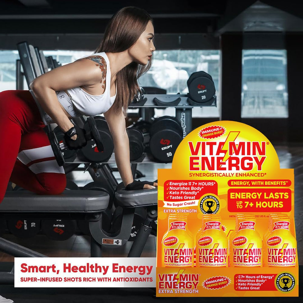 Vitamin Energy Immune+ Gluten-free badge visible on bottle.