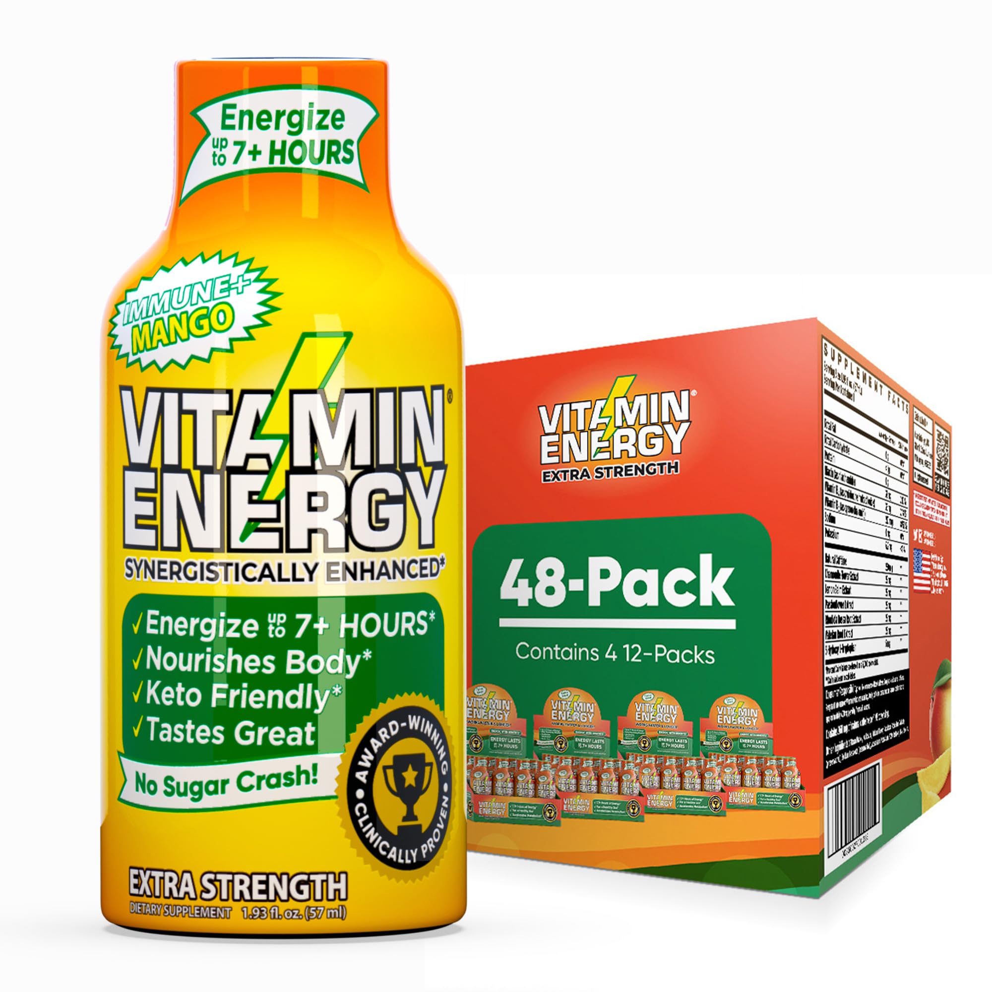 Vitamin Energy Immune+ Mango Shot bottle on desk for focused work and steady energy