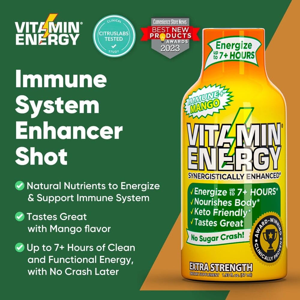 Vitamin Energy Immune+ Mango Shot label with mango splash conveys refreshing taste