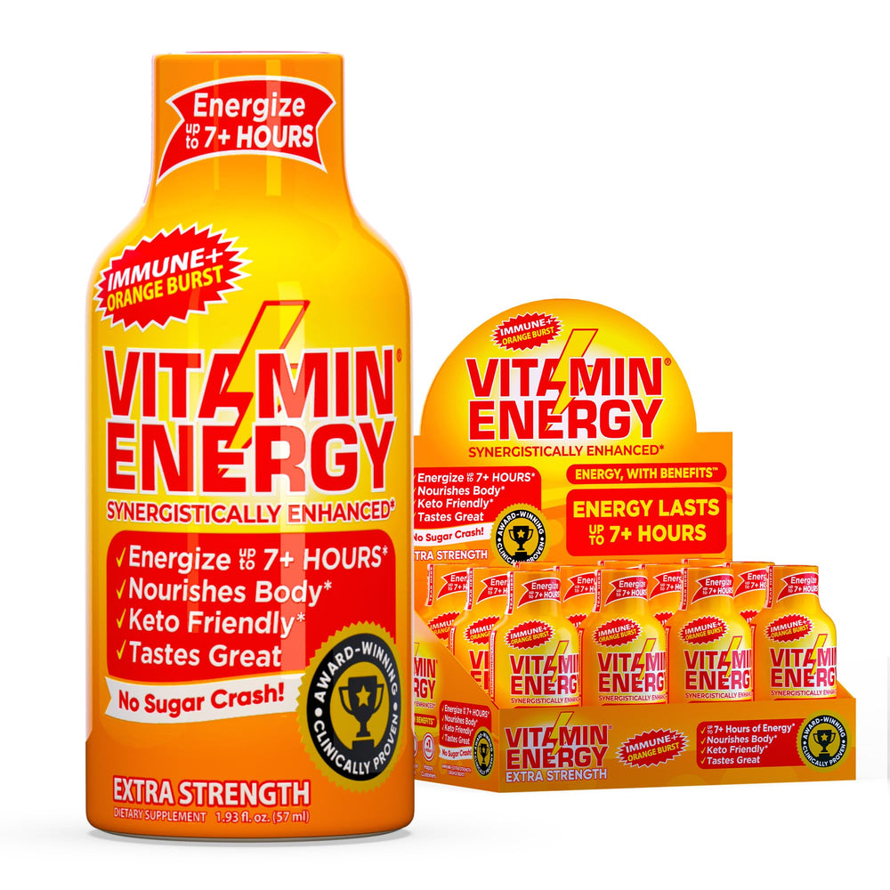 Vitamin Energy Immune+ Orange Burst shot, tangy citrus energy boost.