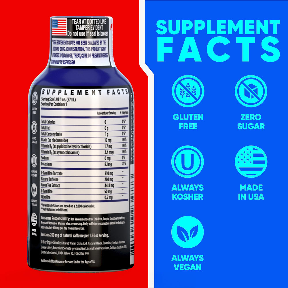 Vitamin Energy Immune+ 260mg caffeine provides alertness for busy mornings.