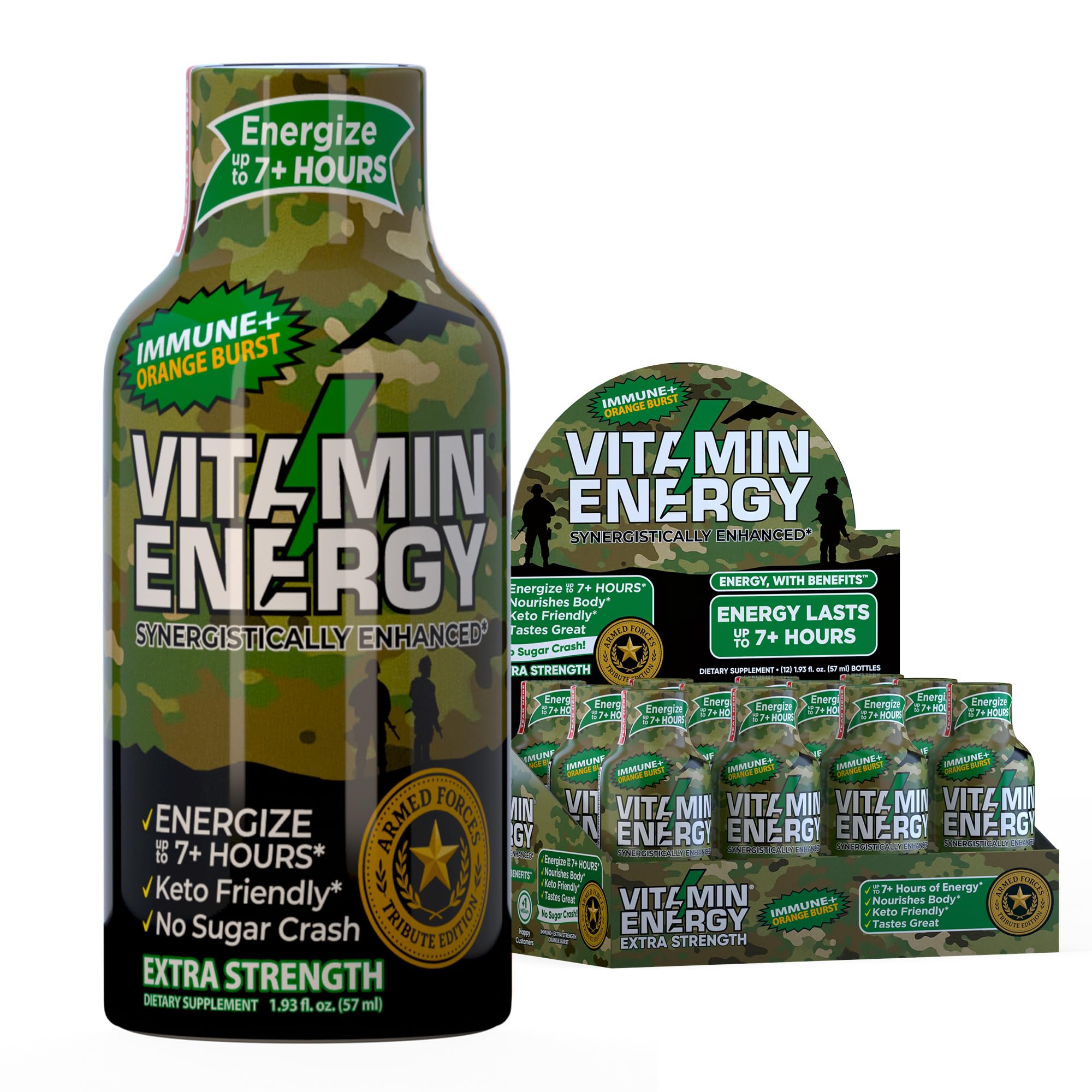 Vitamin Energy Immune+ Shot Army Orange bottle for quick focus and immune-support on the go.