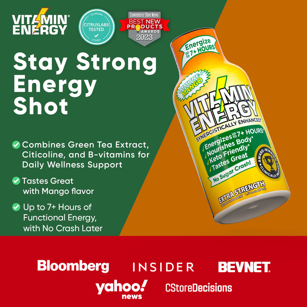 Vitamin Energy Immune+ Mango Shot with B vitamins for energy metabolism.