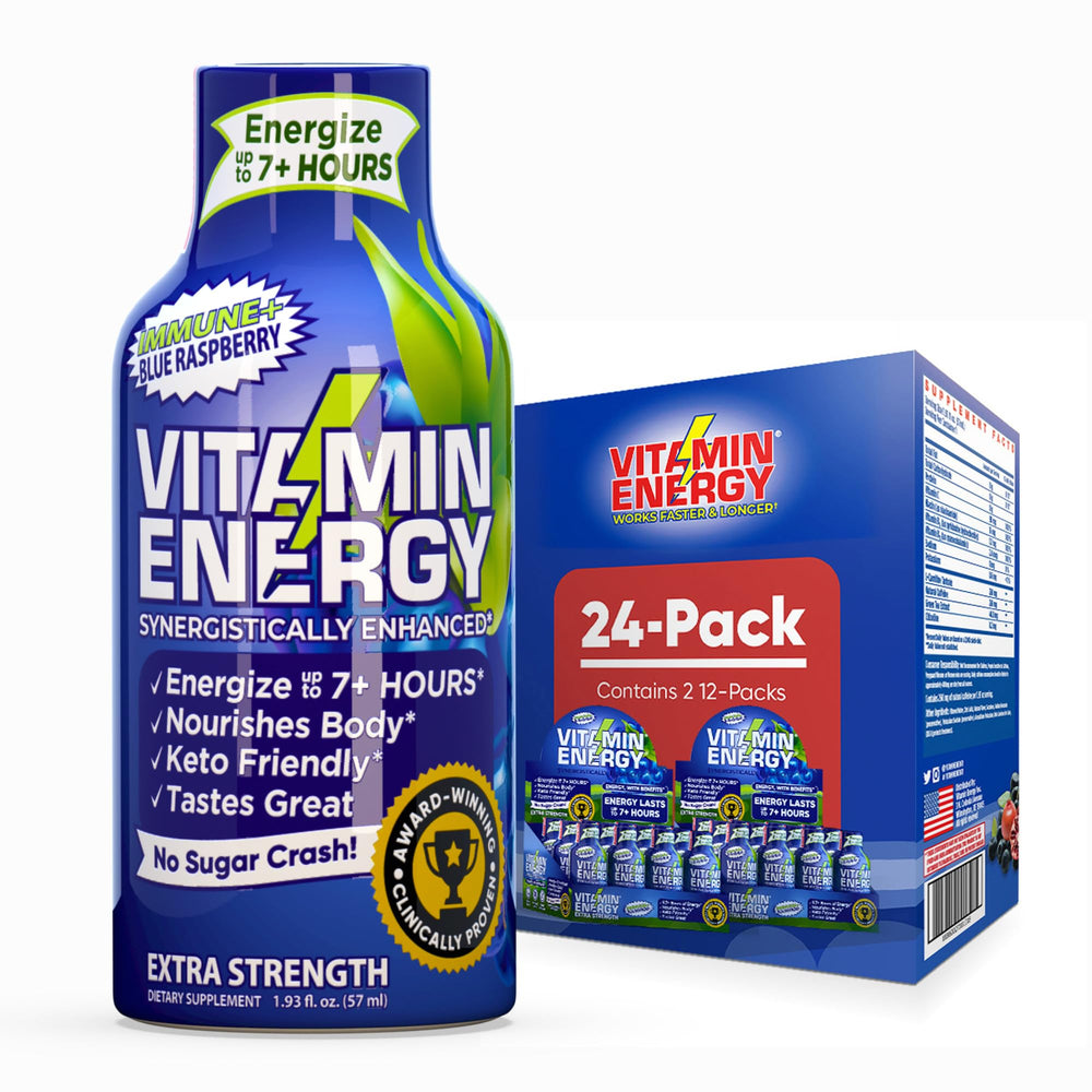 Vitamin Energy Immune+ blue raspberry shot on a bright table for on-the-go energy.