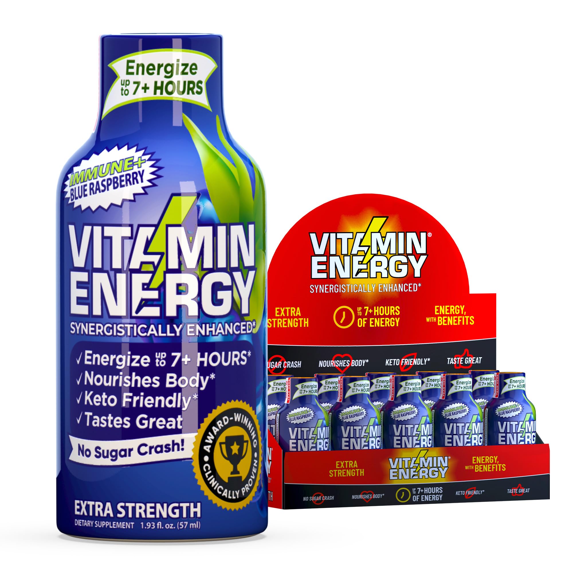 Vitamin Energy Immune+ blue raspberry shot front view for on-the-go energy