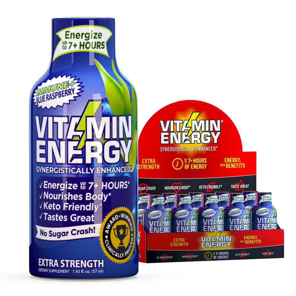 Vitamin Energy Immune+ blue raspberry shot front view for on-the-go energy