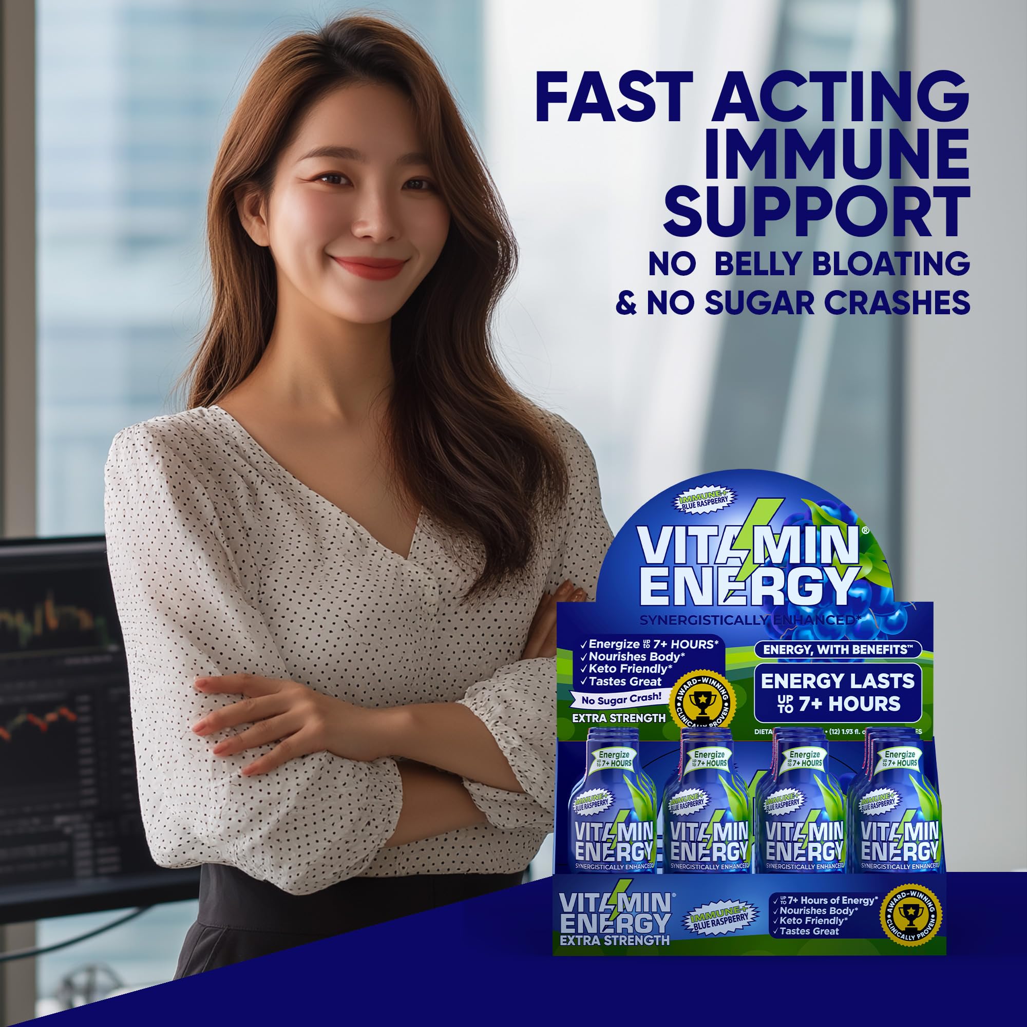 Vitamin Energy Immune+ Zero Sugar badge hints healthier energy option.