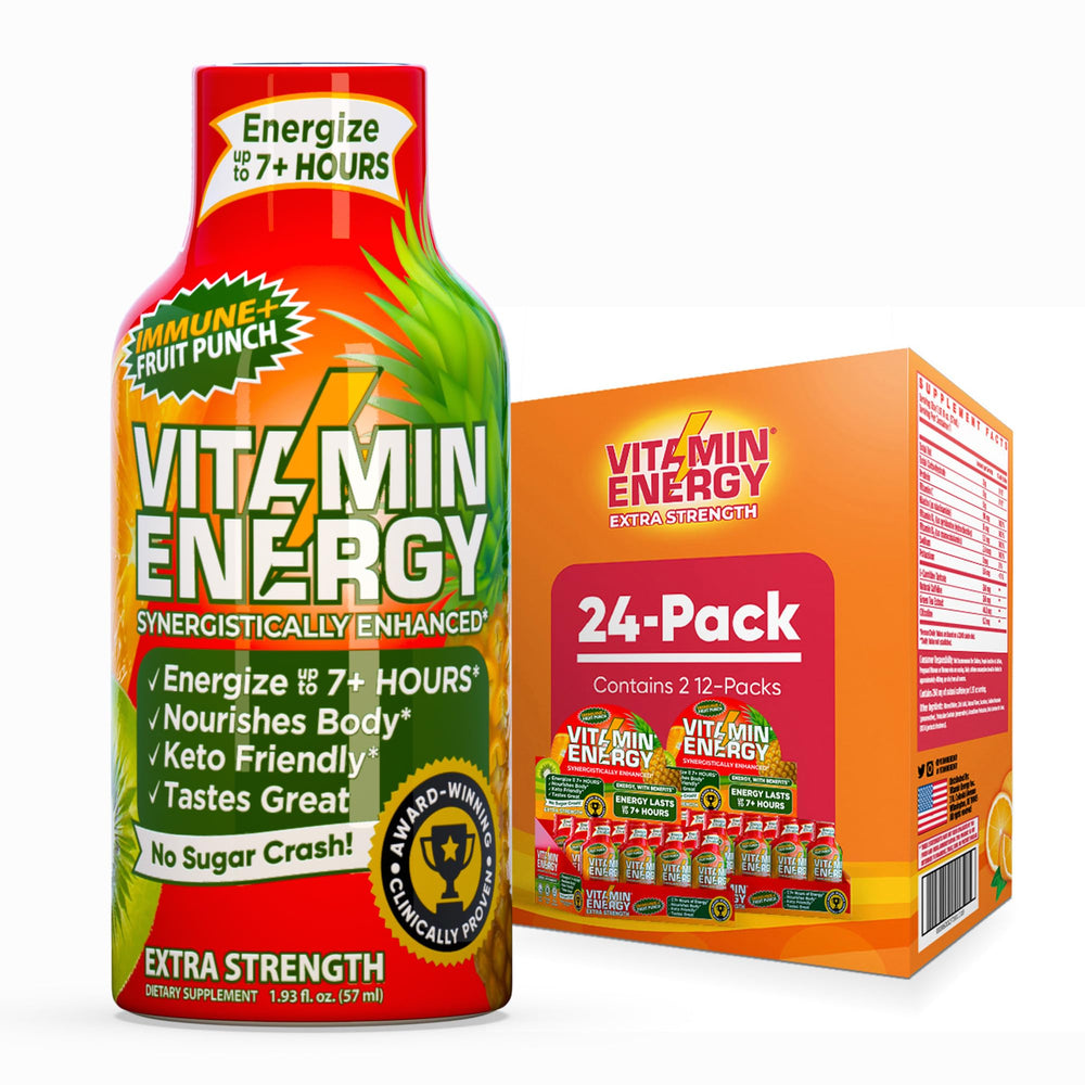 Vitamin Energy Immune+ shot bottle in fruit punch flavor powering steady energy