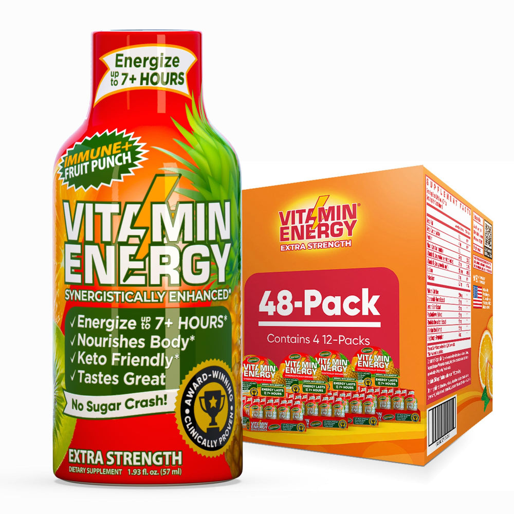 Vitamin Energy Immune+ fruit punch shot bottle ready to drink for quick focus