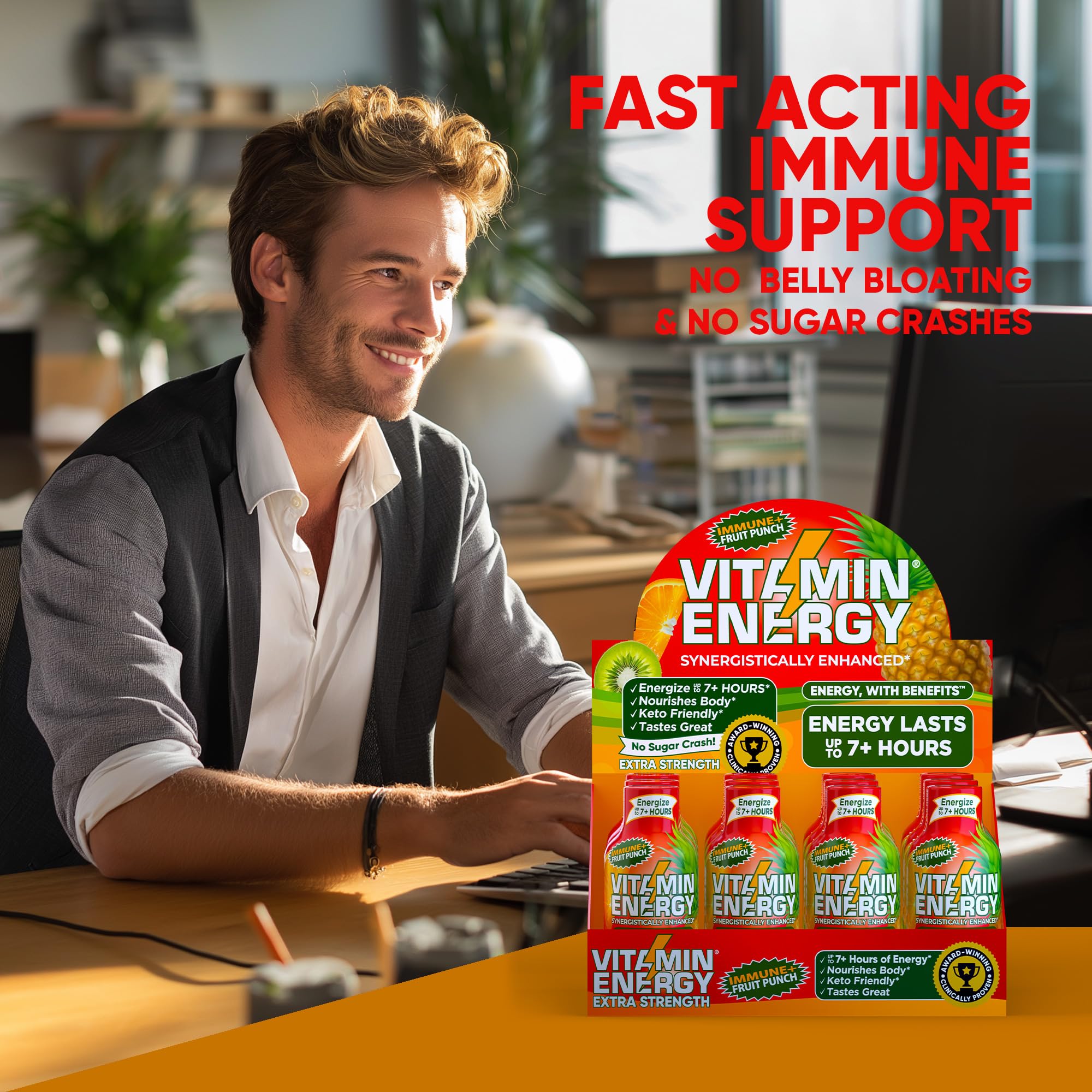 Vitamin Energy Immune+ glass with ice showcasing refreshing fruit punch