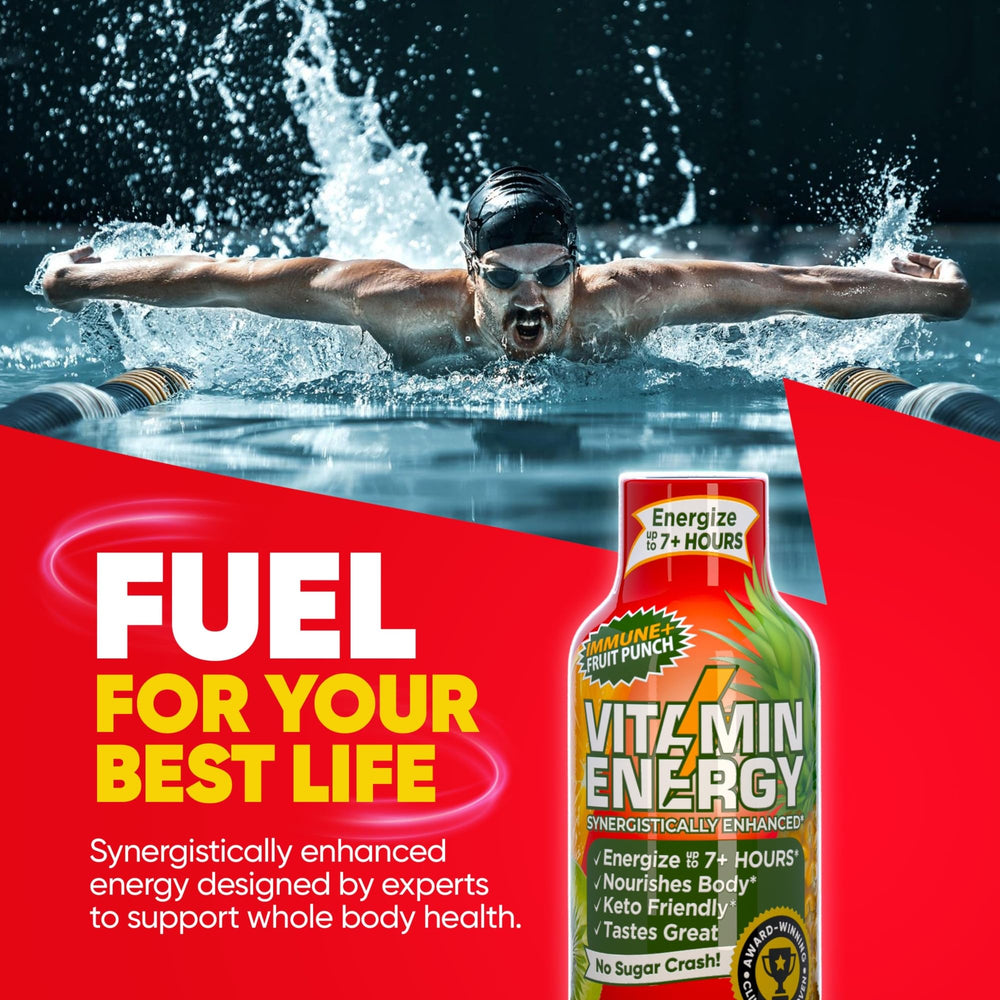 Vitamin Energy Immune+ shot ingredients highlight B-vitamins and green tea.