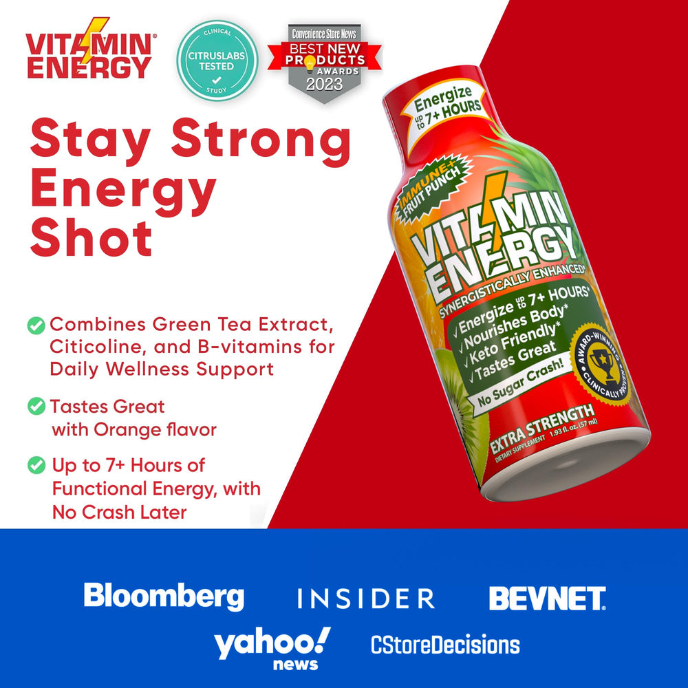 Vitamin Energy Immune+ shot label close-up with ingredients and caffeine.