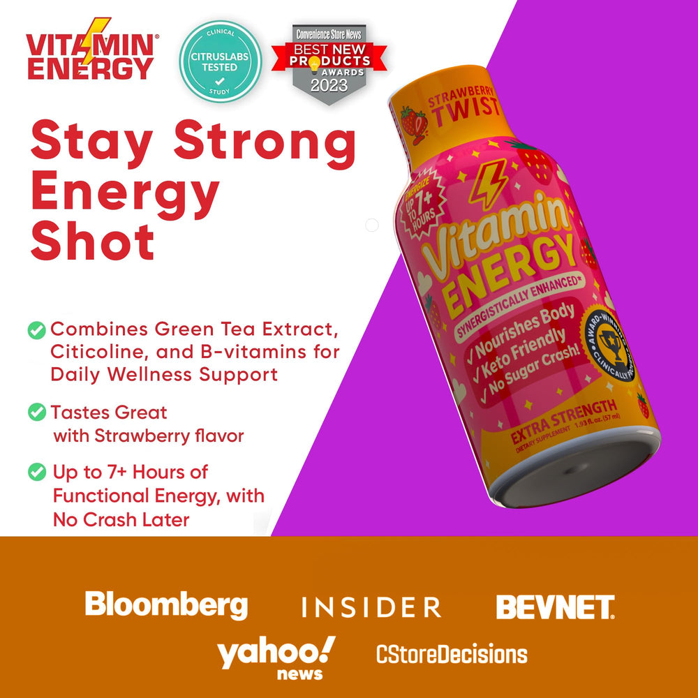 Vitamin Energy Immune+ Strawberry Twist shot glass reveals vibrant flavor and alertness.