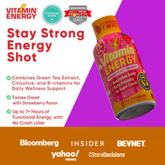 Vitamin Energy Immune+ Strawberry Twist shot glass reveals vibrant flavor and alertness.