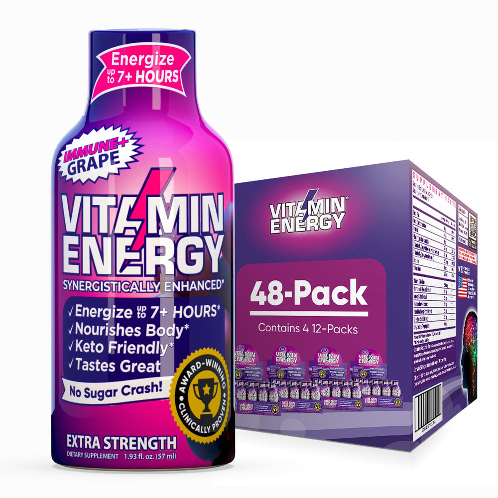 Vitamin Energy Immune+ grape shot bottle front for quick focus and steady energy