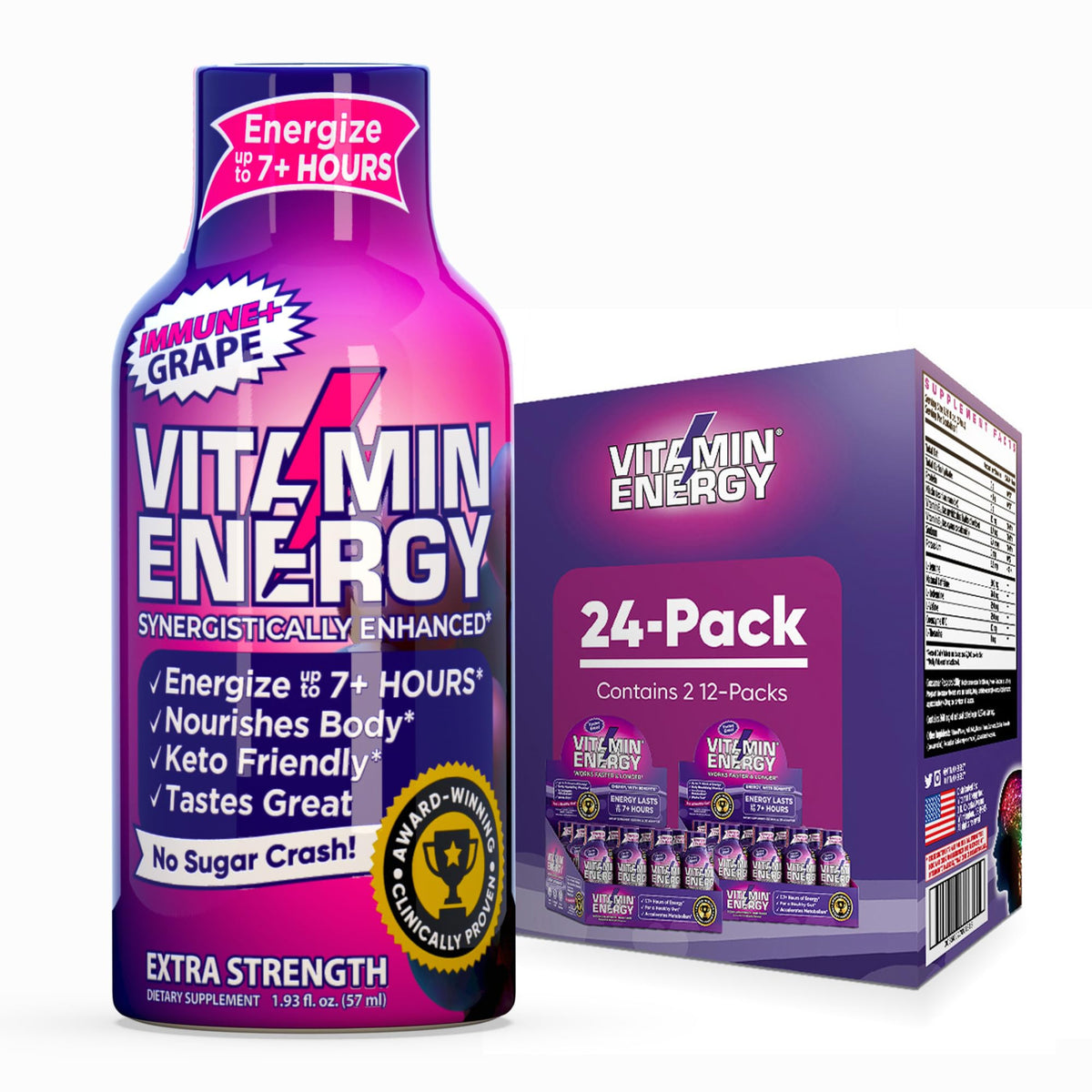 Vitamin Energy Immune+ grape shot bottle showcases quick energy and focus.