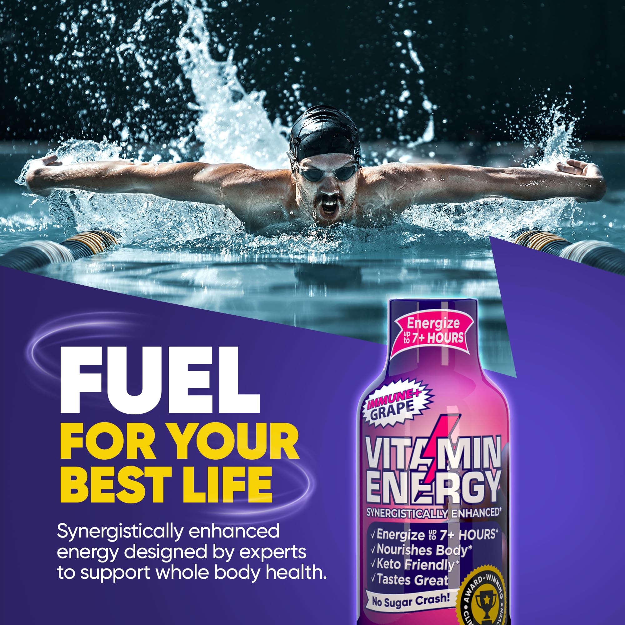 Vitamin Energy Immune+ grape shot label detail shows zero sugar