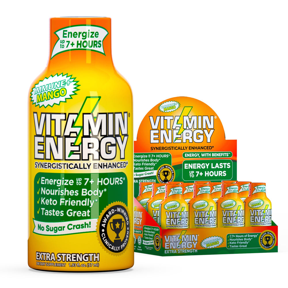 Vitamin Energy Immune+ Mango shot bottle for steady focus and energy.