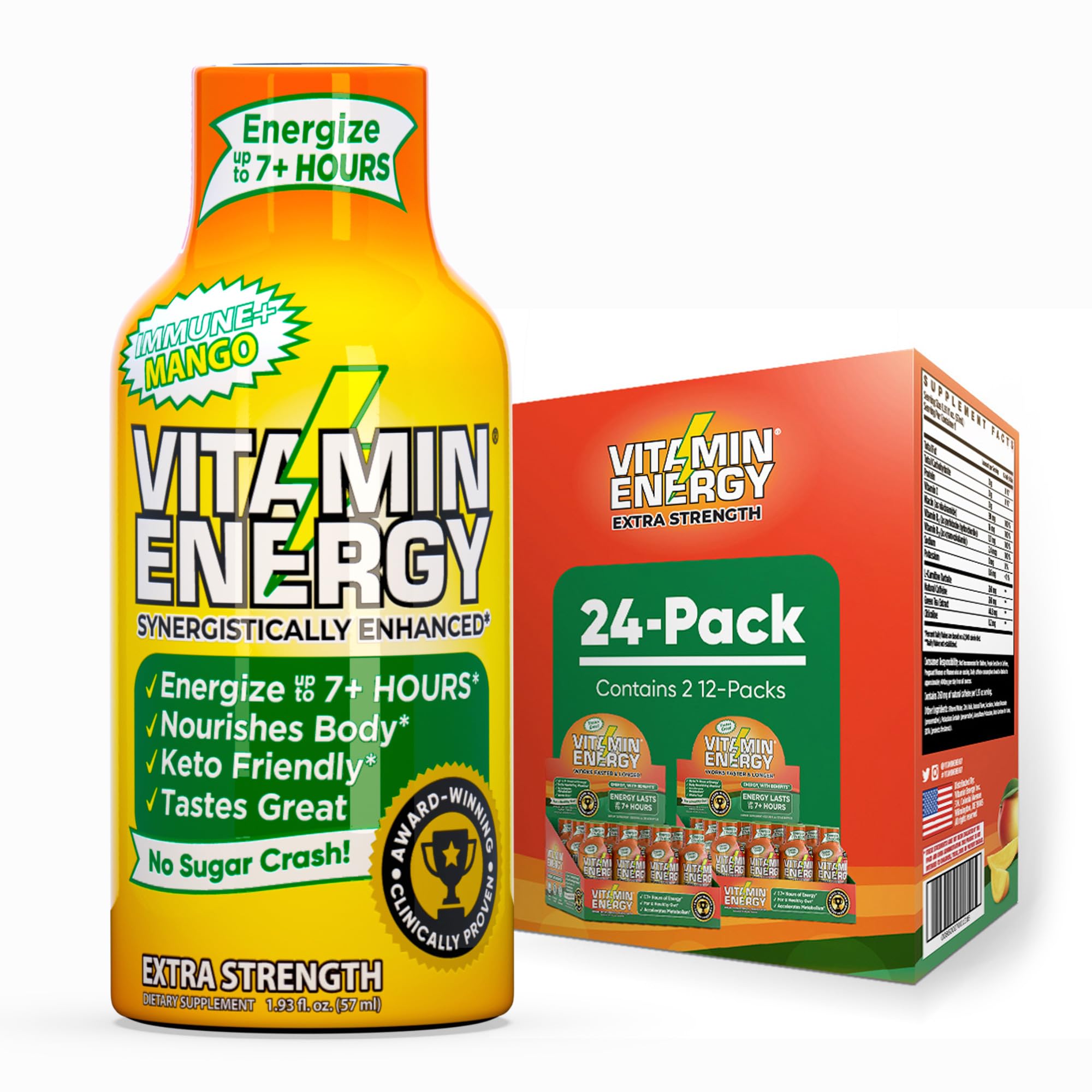 Vitamin Energy Immune+ Mango Shot bottle showing convenient energy and focus on the go.