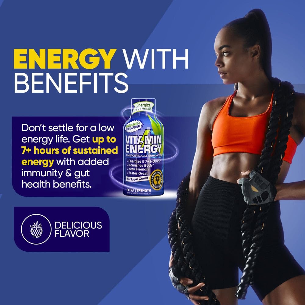 Vitamin Energy Immune+ blue raspberry flavor enhances taste and focus.