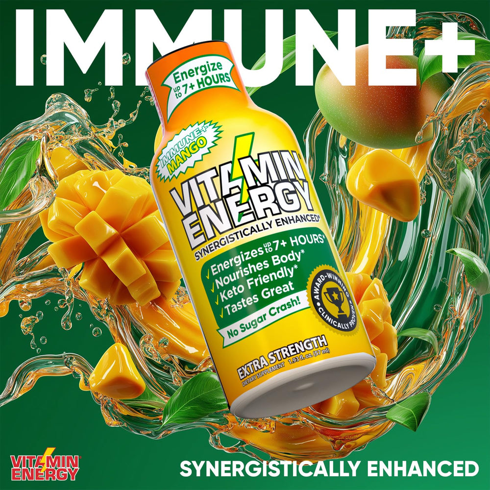 Vitamin Energy Immune+ Mango Shot in use for quick morning energy