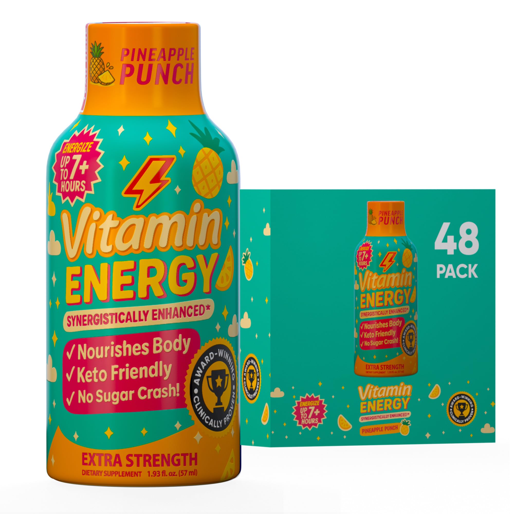Vitamin Energy Immune+ Pineapple Punch bottle front, quick energy lift with zero sugar