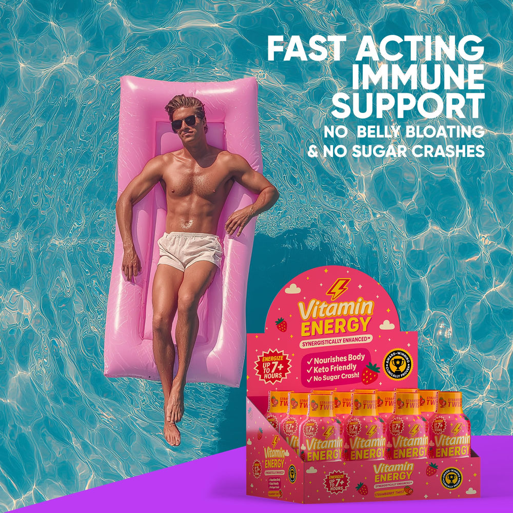 Hands holding Vitamin Energy Immune+ bottle during a workout.