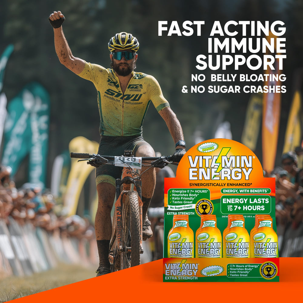 Vitamin Energy Immune+ Mango Shot zero sugar formulation at a glance.