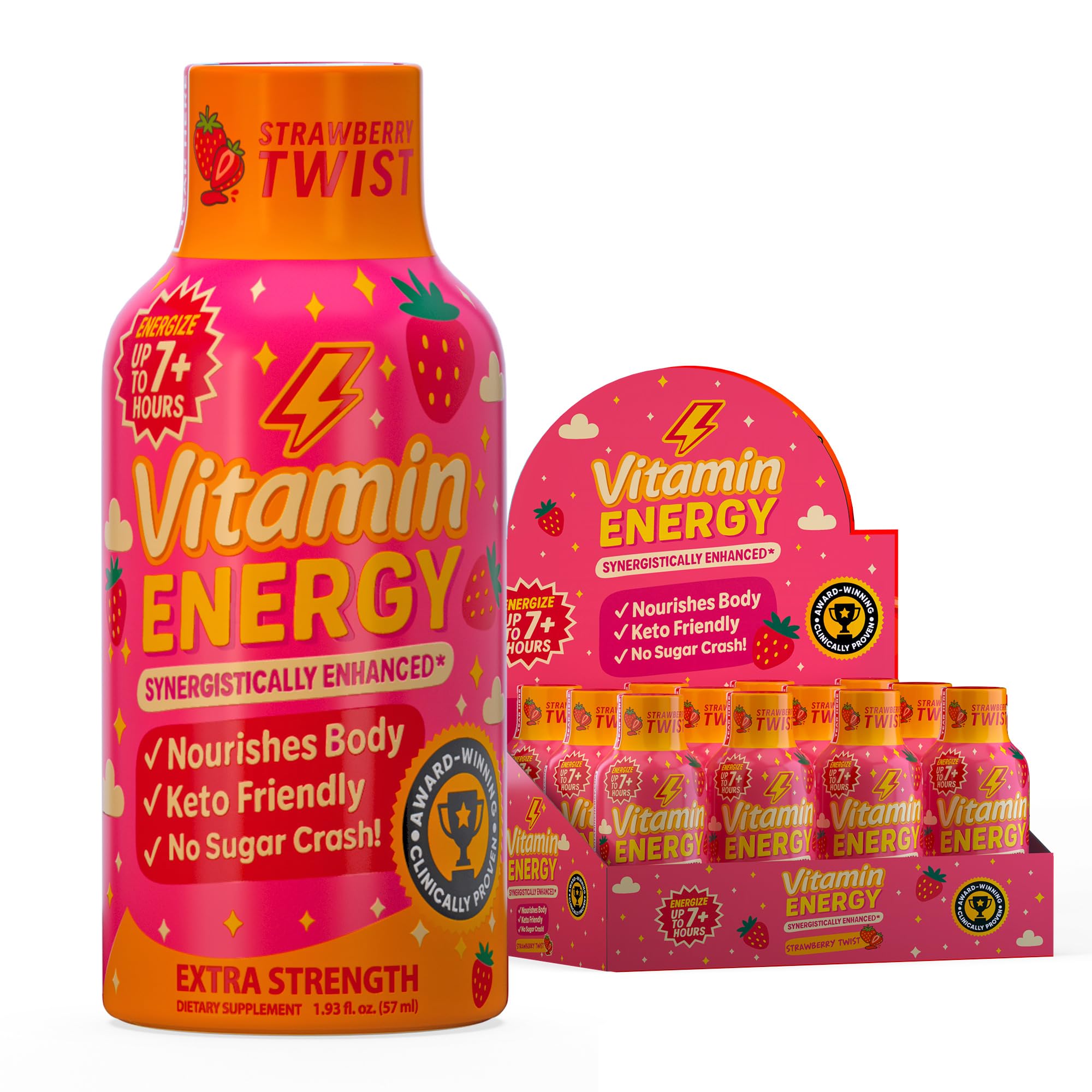 Vitamin Energy Immune+ Strawberry Bottle showcases compact energy in a berry flavor.