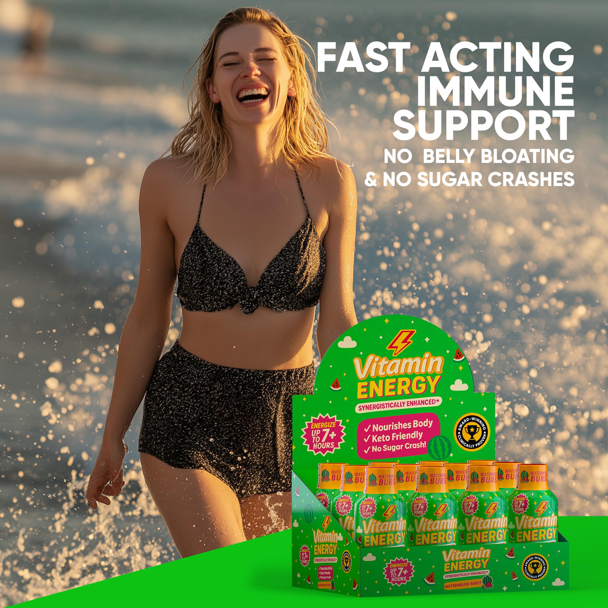Vitamin Energy Immune+ bottle closeup emphasizes refreshing watermelon flavor.